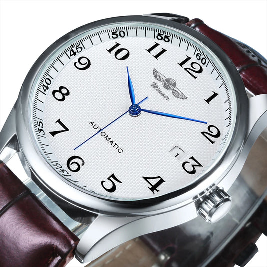 Reloj clásico para hombre: estilo retro con calendario y agujas azules, movimiento mecánico automático, marca de prestigio, caja de acero y correa de piel