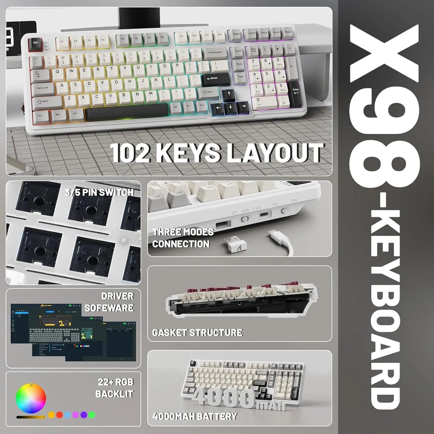 ATTACK SHARK X98 RGB Mechanical Gaming Keyboard with 102 Keys, with Numeric Keypad, Wireless & USB-C Wired Tri-Mode, 4000 mAh