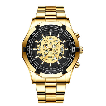 Montre-bracelet BINBOND pour homme, motif crâne squelette, à quartz précis, luxueuse, lumineuse, étanche, avec date automatique, robuste.