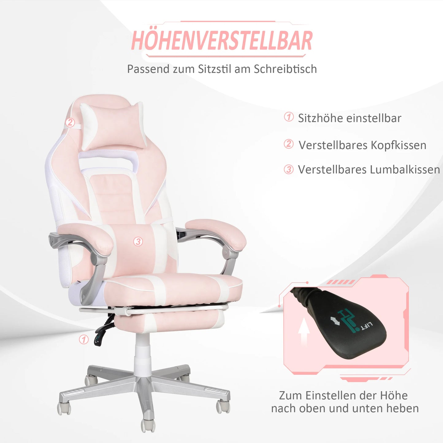 Pink Gaming Chair with Footrest, Adjustable, Headrest & Lumbar Pillow, 360° Swivel, High Back, Faux Leather, Max Load 120kg