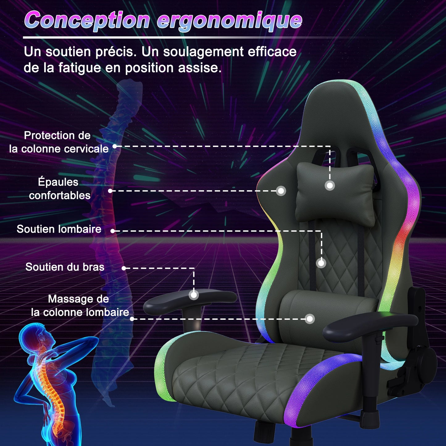Ergonomic office chair with lumbar massage,LED RGB ambient lighting, and reclining backrest,  for home offices