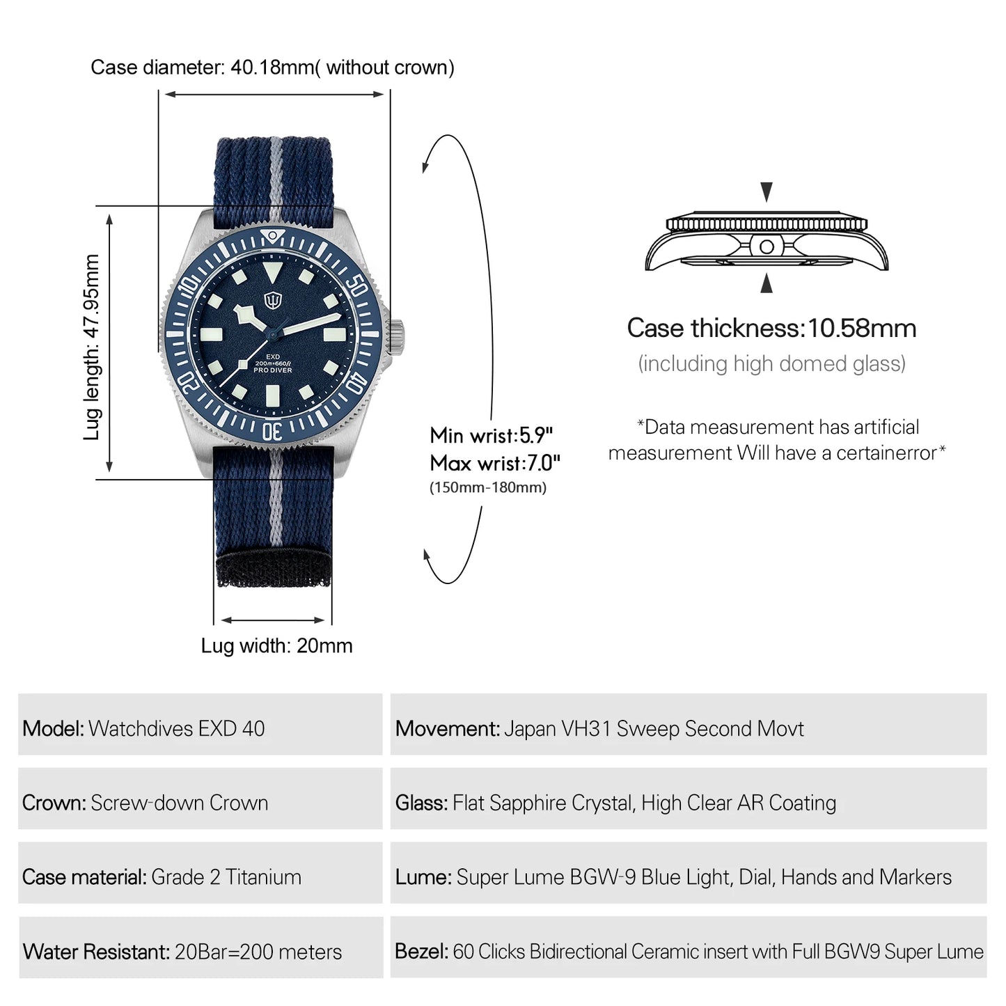 Watchdives EXD V2 40mm Titanium Watch Exchangeable X Design VH31 Sweep Second Movement Quartz Watches Luminous Waterproof 200M