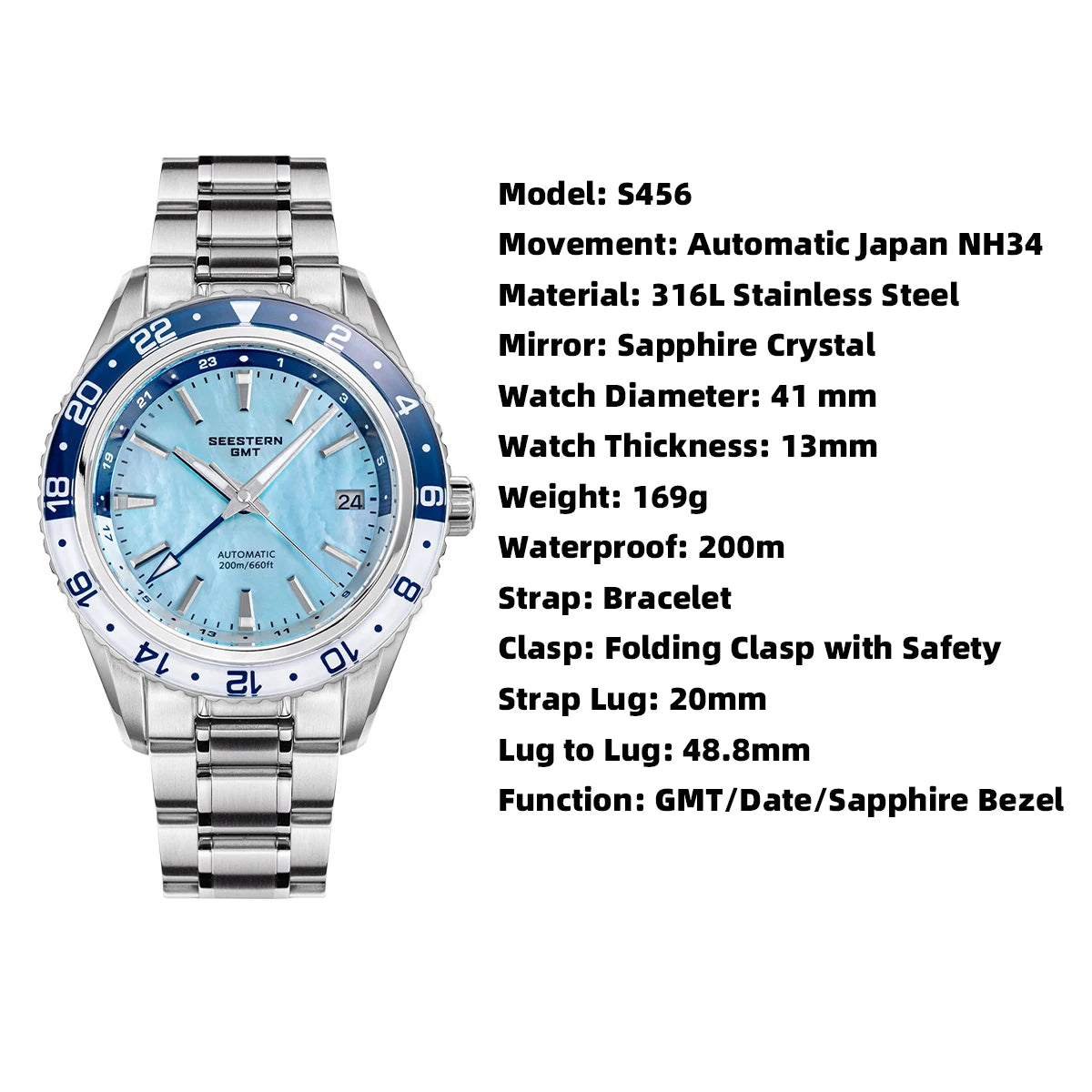 SEESTERN Men of Watch Office GMT Automatic NH34 Movement Sapphire Glass Bezel 20bar Waterproof Diver Mechanical Wristwatch S456
