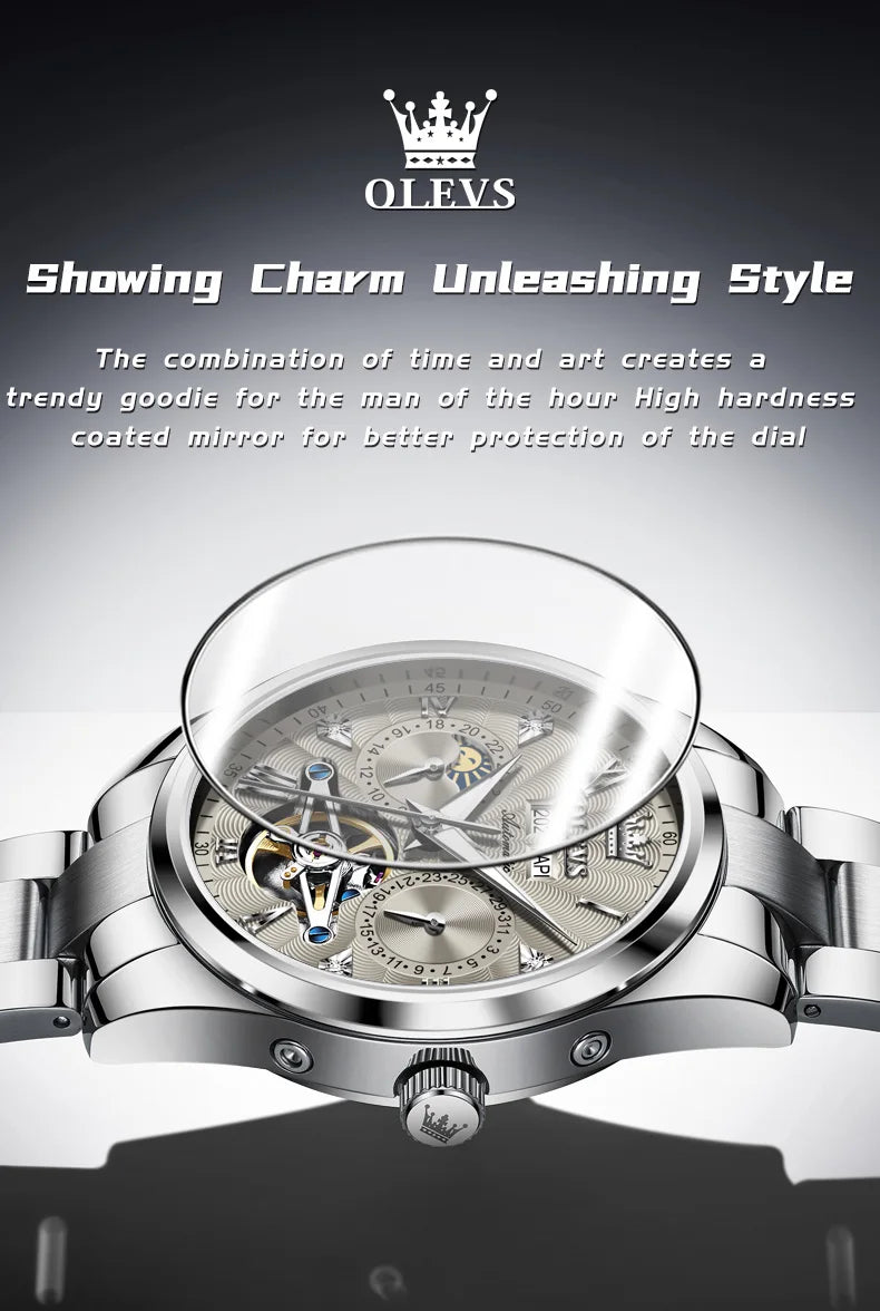 OLEVS 7028 Automatic Mechanical Men's Watch Tourbillon Dial Multifunctional Date Waterproof Luminous Watch for Men