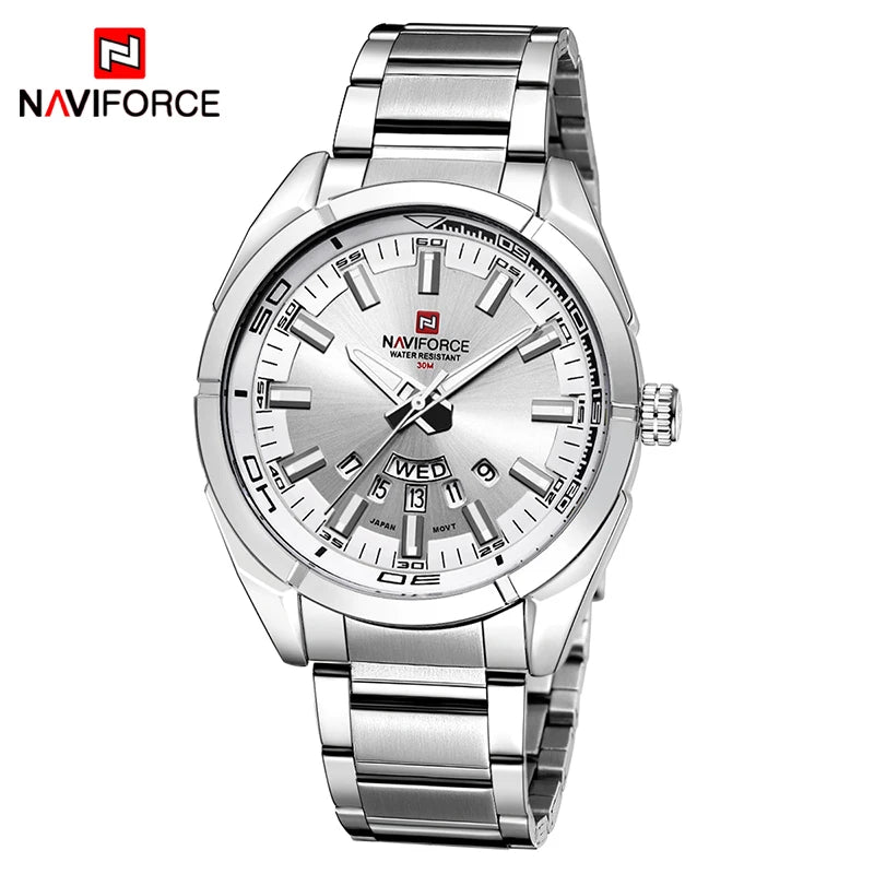 Reloj para hombre NAVIFORCE, totalmente de acero, hermético, estilo informal, movimiento de cuarzo con indicador de fecha – Reloj de pulsera de lujo para hombre, de una marca líder.