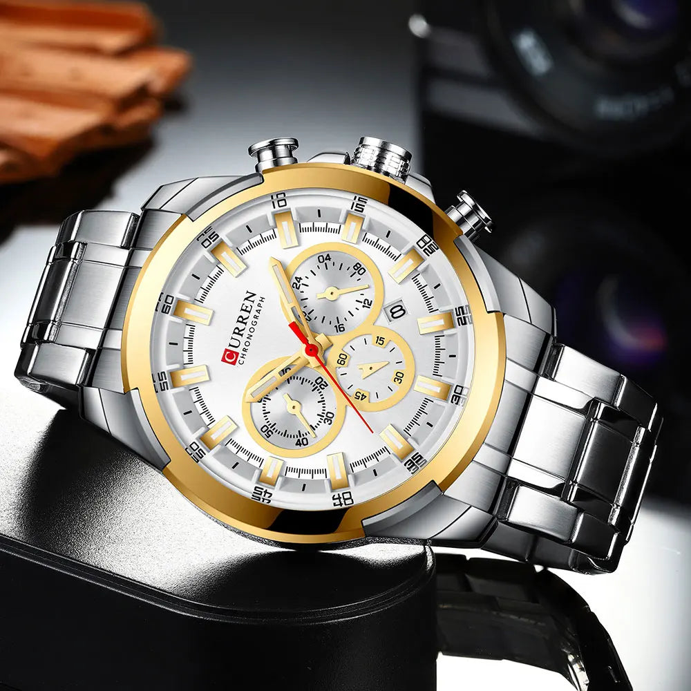 Pánské chronografové hodinky CURREN, velký ciferník o průměru 48 mm, náramek z nerezové oceli, tři pomocné ciferníky, sportovní náramkové hodinky s quartzovým strojkem, luxusní styl