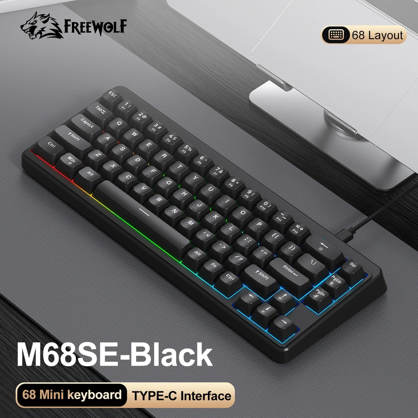 FREEWOLF M68SE 68 Key Mini Wired Keyboard RGB Backlit Type-C 68% Layout Compact Gaming Office PC Laptop