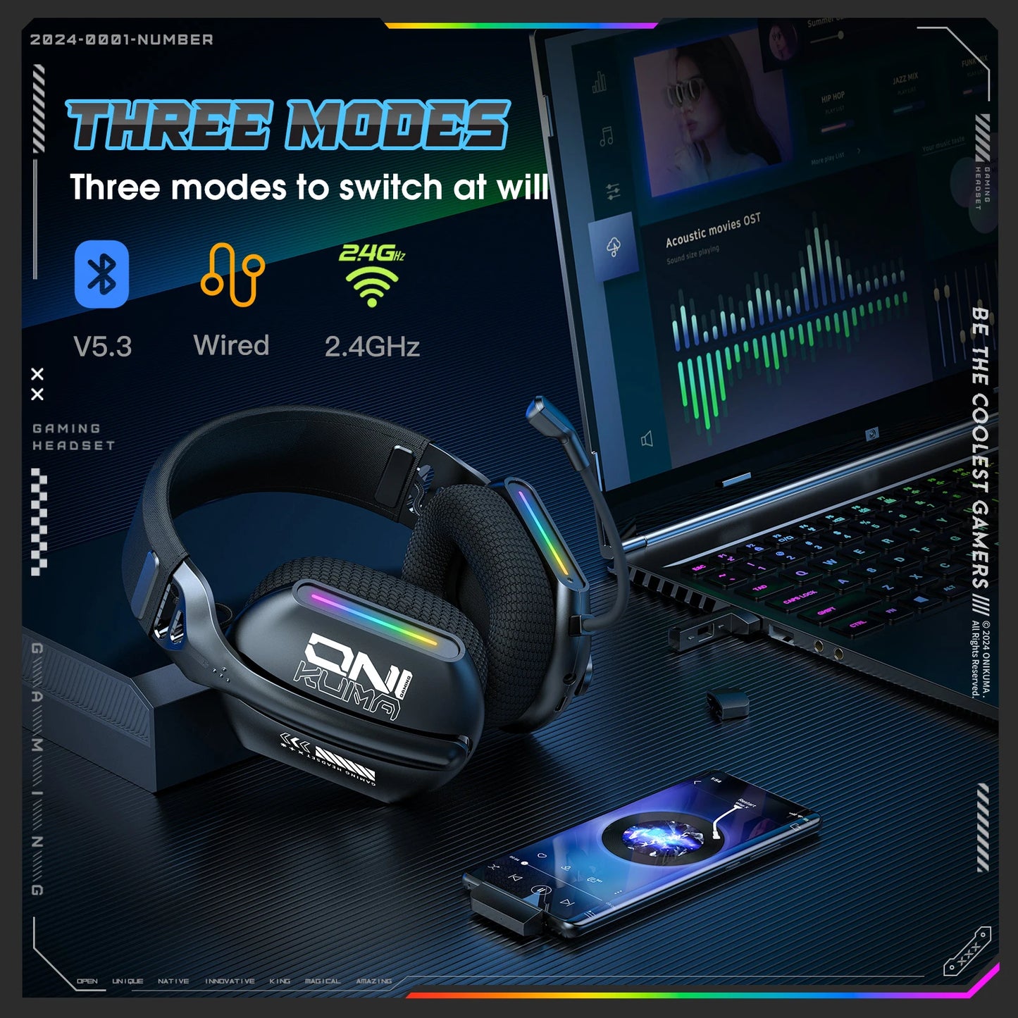 Onikuma Gt808 Three Modes with Mic E-Sports Wireless Gaming Headset Rgb Lighting Supports Bluetooth 5.3 / 2.4g / Aux 3.5mm