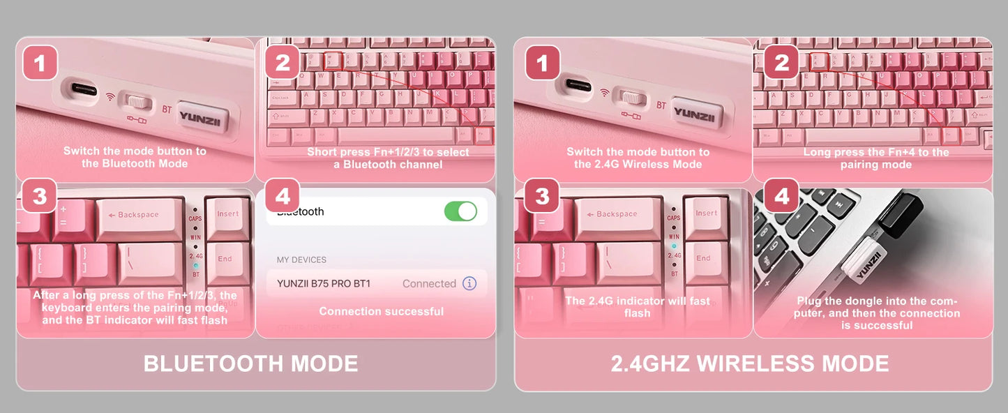 YUNZII B75 PRO Pink Mechanical Gaming Keyboard, Bluetooth/Wire/Wireless 75 Knob RGB Keyboard, Gasket Hot-Swap Custom Creamy Keeb