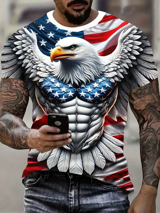 Men's Patriotic 3D Eagle Print T-Shirt Casual Crew Neck Short Sleeved Pullover for Summer Fashion Outdoor Activities Men Clothes