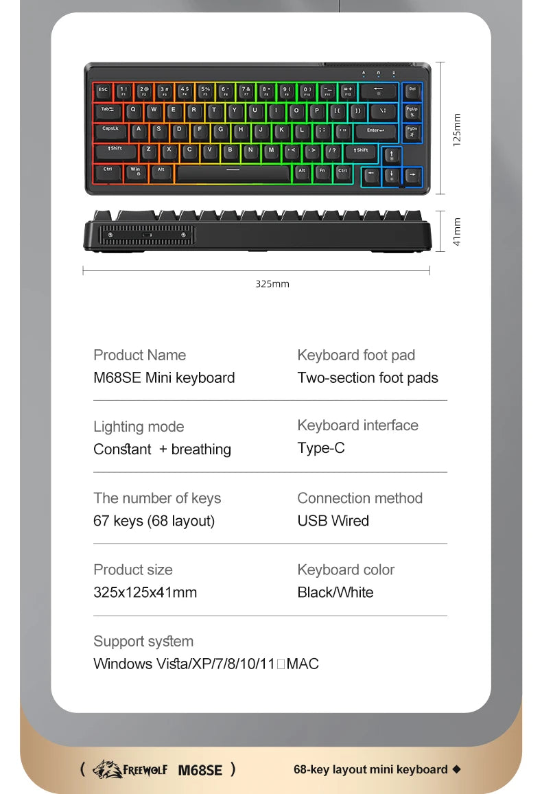 FREEWOLF M68SE 68 Key Mini Wired Keyboard RGB Backlit Type-C 68% Layout Compact Gaming Office PC Laptop