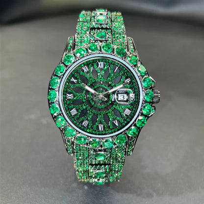 MISSFOX Fashion lced Out Silver Mens Watch Luxury Calendar Waterproof Watch For Man Hip Hop High Quality Big Diamond Wristwatch
