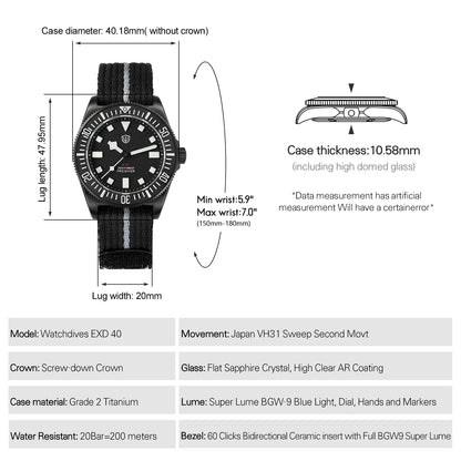 Watchdives EXD V2 40mm Titanium Watch Exchangeable X Design VH31 Sweep Second Movement Quartz Watches Luminous Waterproof 200M