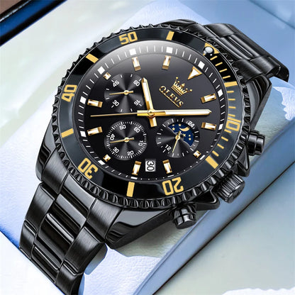 Montre OLEVS pour homme, marque de luxe, montre militaire à quartz dorée, étanche, date lumineuse, boîtier en acier inoxydable.