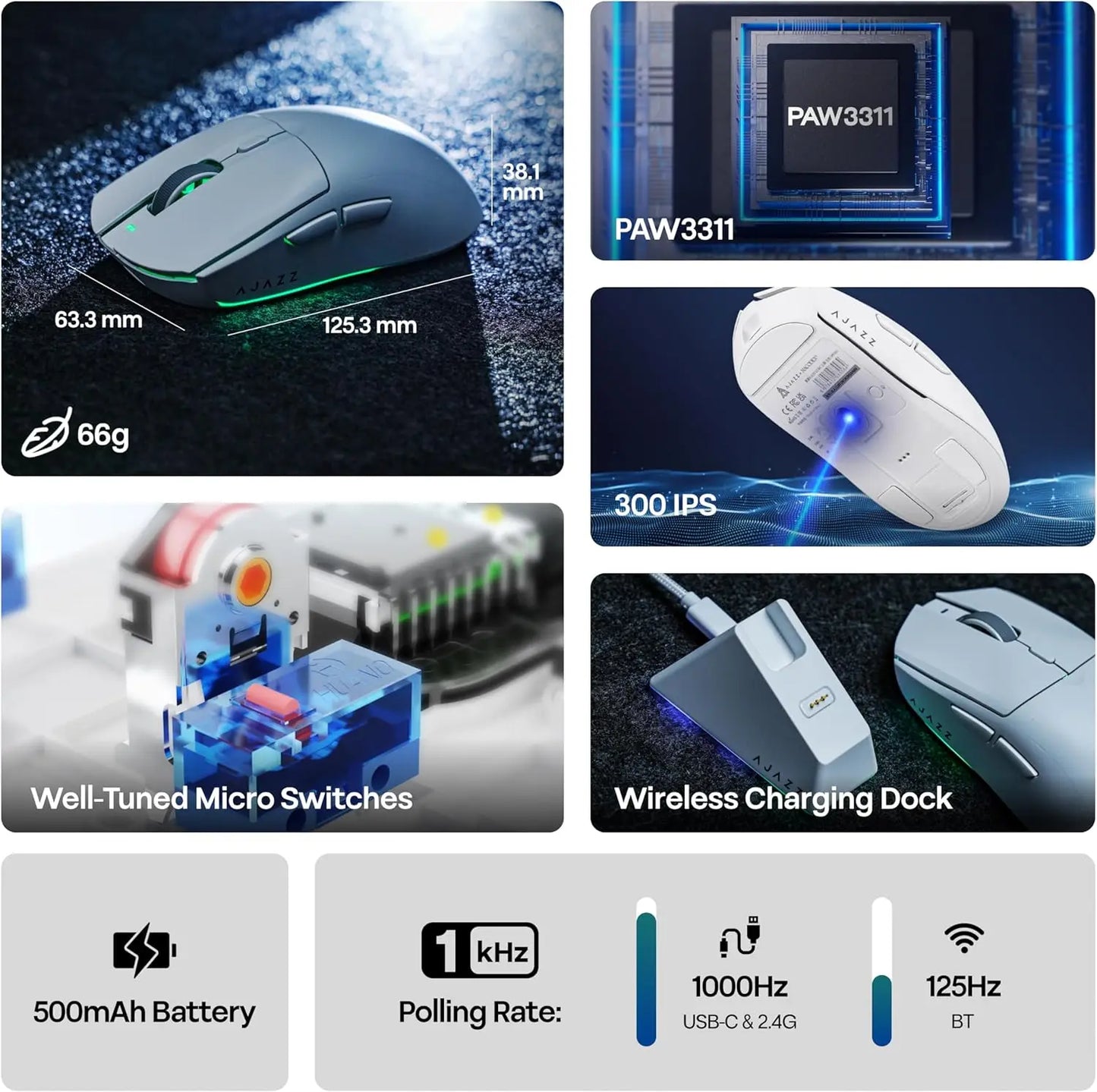 AJAZZ AJ139 V2 MC/AJ139 PRO Wireless Gaming Mouse PAW3311/PAW3395 Sensor 12000DPI/26000DPI 500mAh Bluetooth Mouse Gamer For PC