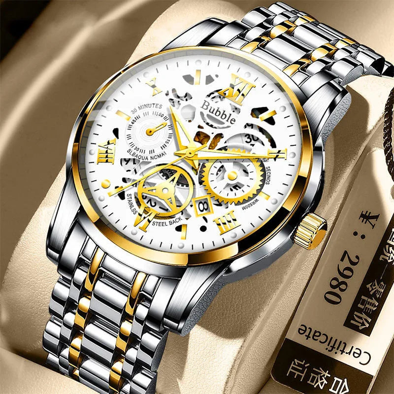 Reloj para hombre UTHAI L93: estilo moderno, lujo asequible y versátil; mecanismo de cuarzo, pantalla luminiscente, resistente al agua, esfera calada con números romanos.