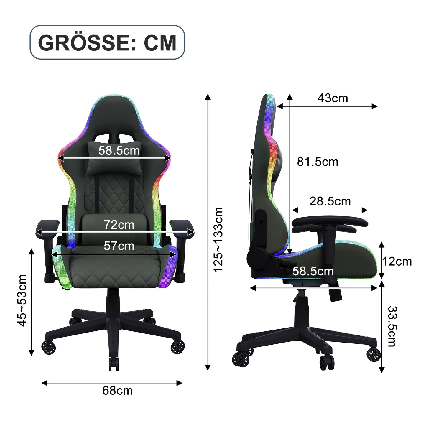 LED Gaming Chair - Ergonomic Office Chair with Massage Function, Adjustable Backrest (90-135°), for Gamers up to 150 kg, Black