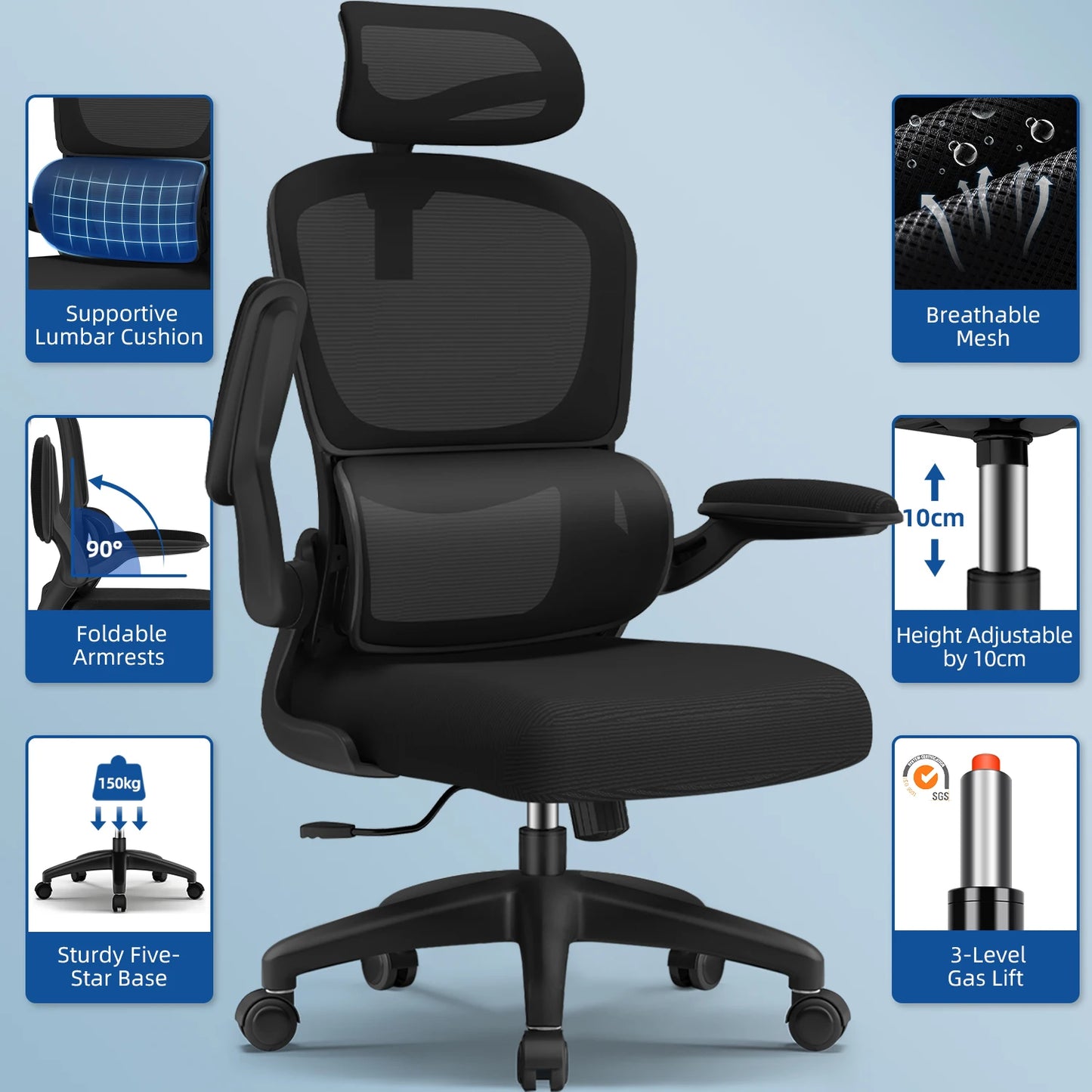 Daccormax office chair ergonomic,Desk chair,150kg capacity, adjustable headrest and armrests, Computer chair with lumbar support