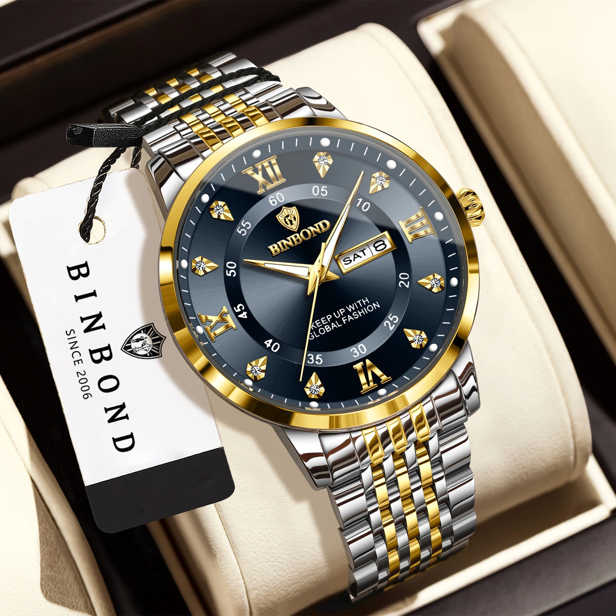 Reloj de pulsera de cuarzo de lujo BINBOND para hombre: resistente al agua, luminiscente y con indicador del día de la semana; estilo ejecutivo, deportivo, de moda y desenfadado