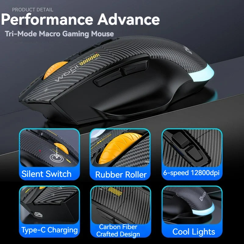 12800DPI 2.4G Wireless Bluetooth Wired Tri-mode Mouse Mute Button Macro Programming Carbon Fiber Gaming Mouse 500mAh 7 Keys