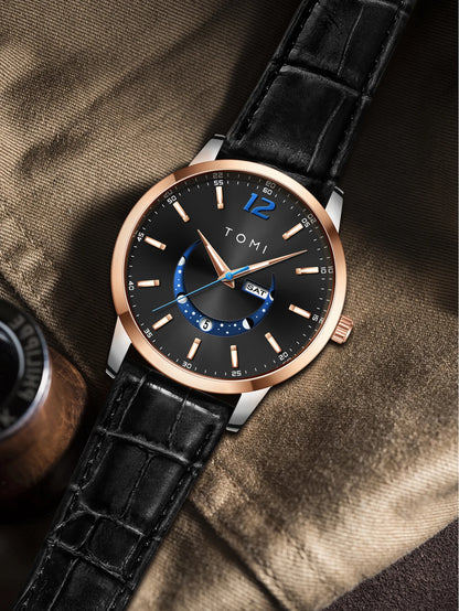 Reloj de cuarzo TOMI, de estilo elegante y profesional, con correa de piel, caja de aleación y esfera con agujas: diseño de alta gama, ideal como regalo para hombre.
