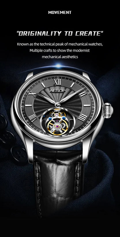 AESOP Mens Mechanical Wristwatches Flying Tourbillon Movement Skeleton Watch for Men Man Luxury Clocks Real Tourbillon Watch