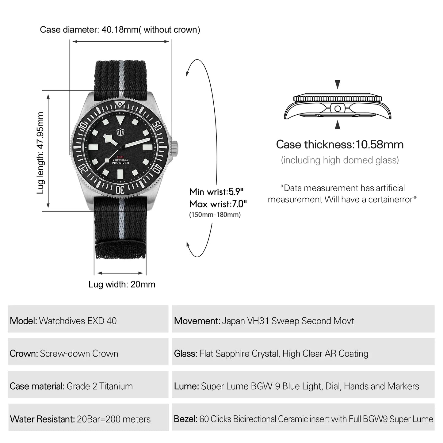 Watchdives EXD V2 40mm Titanium Watch Exchangeable X Design VH31 Sweep Second Movement Quartz Watches Luminous Waterproof 200M