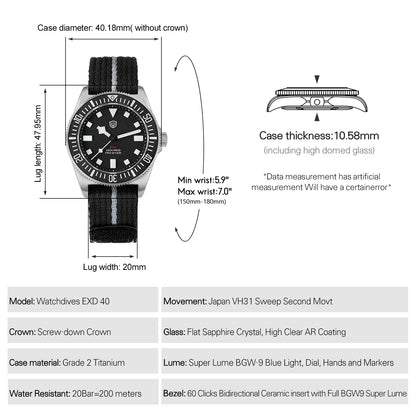Watchdives EXD V2 40mm Titanium Watch Exchangeable X Design VH31 Sweep Second Movement Quartz Watches Luminous Waterproof 200M