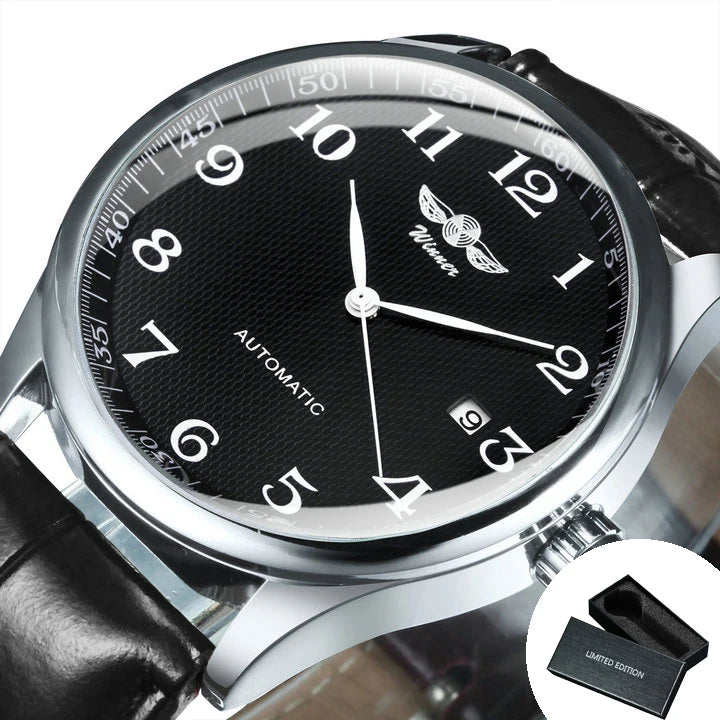 Reloj clásico para hombre: estilo retro con calendario y agujas azules, movimiento mecánico automático, marca de prestigio, caja de acero y correa de piel