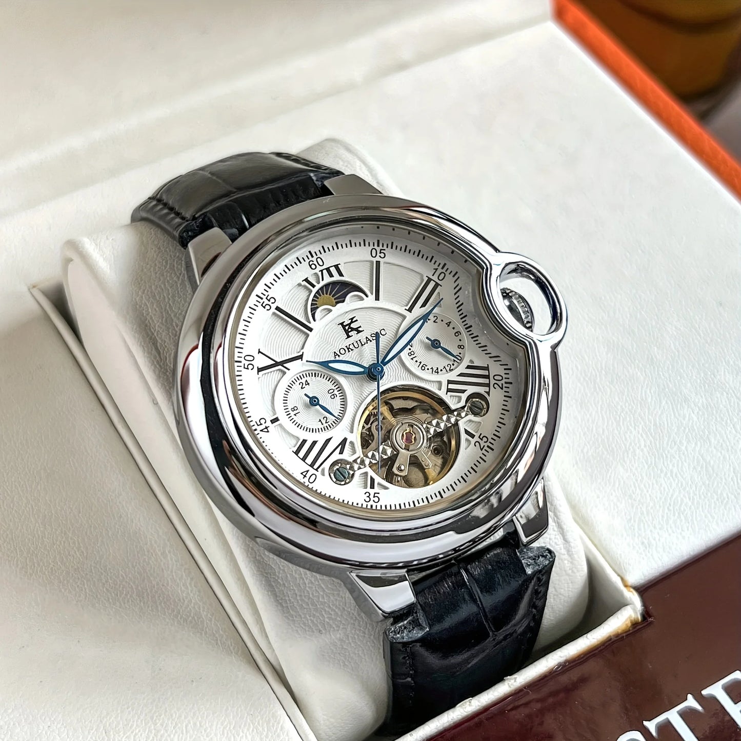 European and American Style Luxury Brand Series of High-End Business Men's Mechanical Watches, Round Dial, Skeleton Design, Automatic Winding, Leather Strap, Multi-Function Display, Tourbillon Men's Watch, Fashionable Accesso