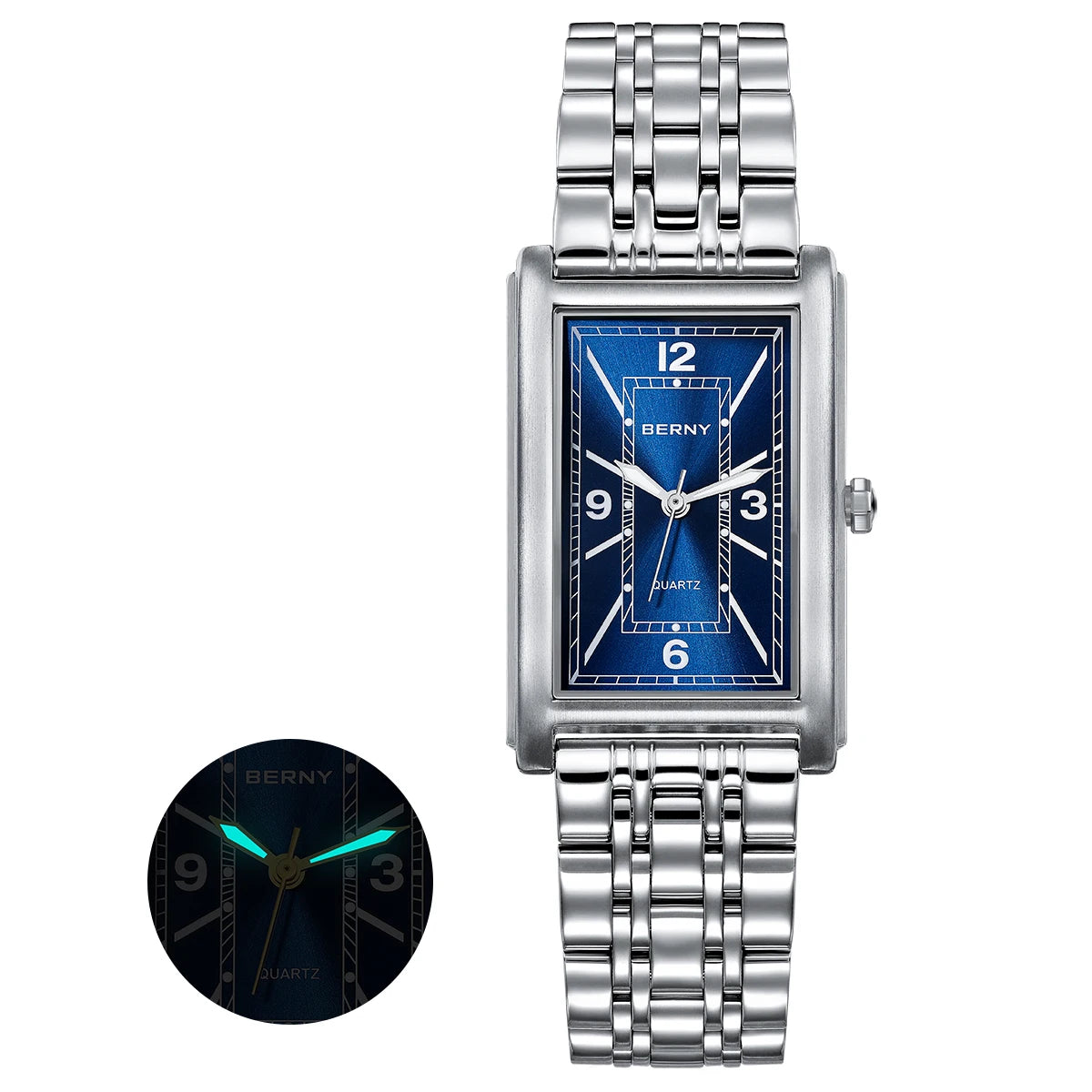 Reloj cuadrado para hombre BERNY – Movimiento de cuarzo, esfera con números romanos, indicación luminiscente, caja de acero inoxidable 316L – Reloj rectangular elegante y desenfadado