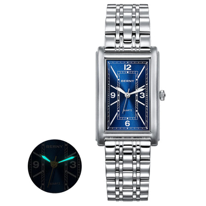 Reloj cuadrado para hombre BERNY – Movimiento de cuarzo, esfera con números romanos, indicación luminiscente, caja de acero inoxidable 316L – Reloj rectangular elegante y desenfadado
