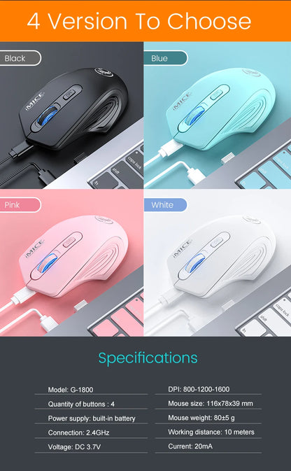 Silent Rechargeable 1600 DPI Adjustable 2.4GHz Wireless Connection Mouse Quiet Click For Office Use Compatible Wiht PC Laptop