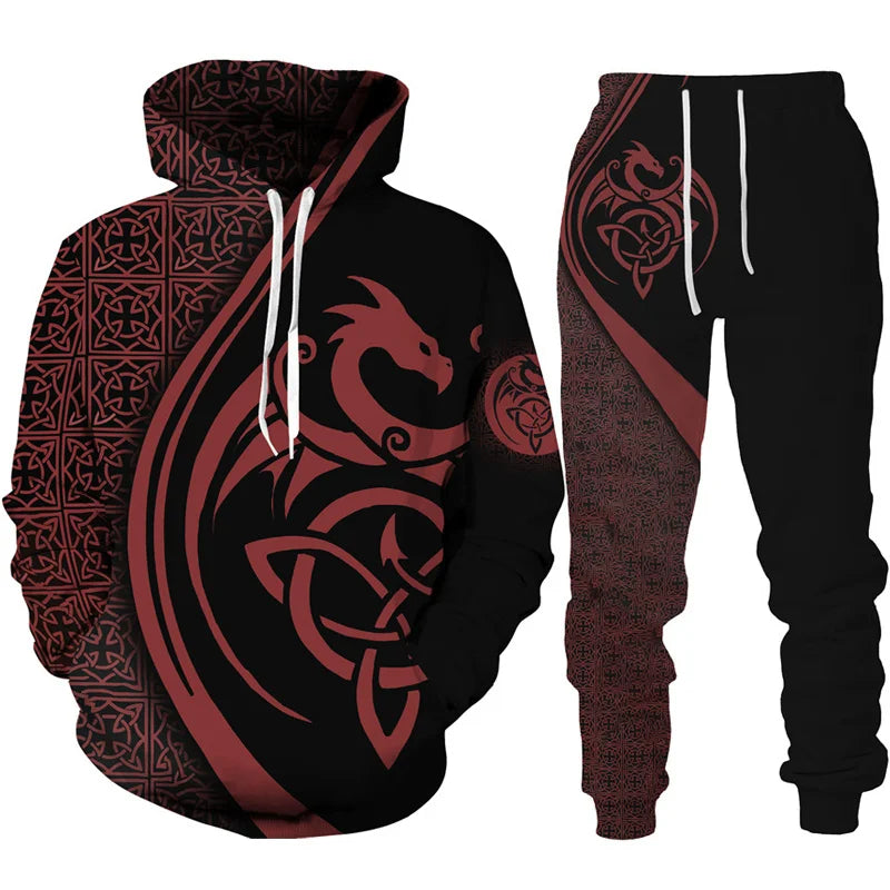 Dres z nadrukiem 3D Retro Dragon Tattoo dla mężczyzn i kobiet, casualowy zestaw z bluzą z kapturem + spodnie, 2 części, oversize, modna odzież męska
