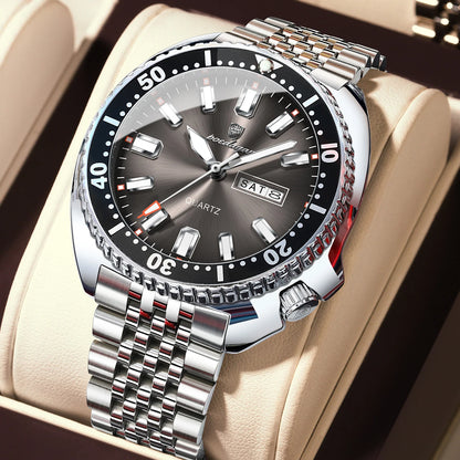 Montre homme POEDAGAR de luxe, style business, avec date et jour de la semaine, étanche et lumineuse, en acier inoxydable et à quartz.