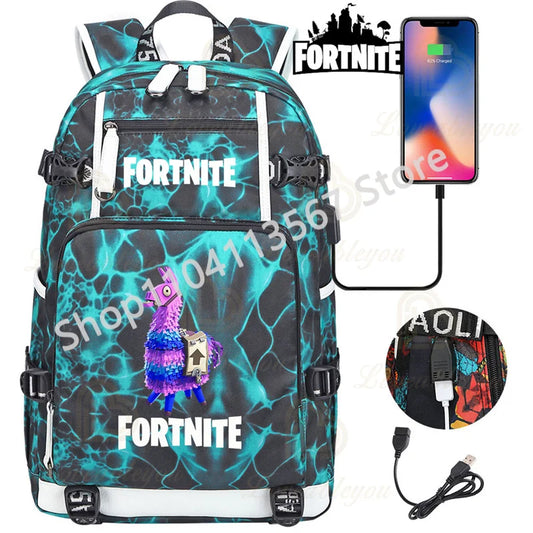 Ruksak Red Jade F-Fortnited Battle Royale s USB punjenjem, anime figurama i pretincem za školski pribor za učenike Mochila