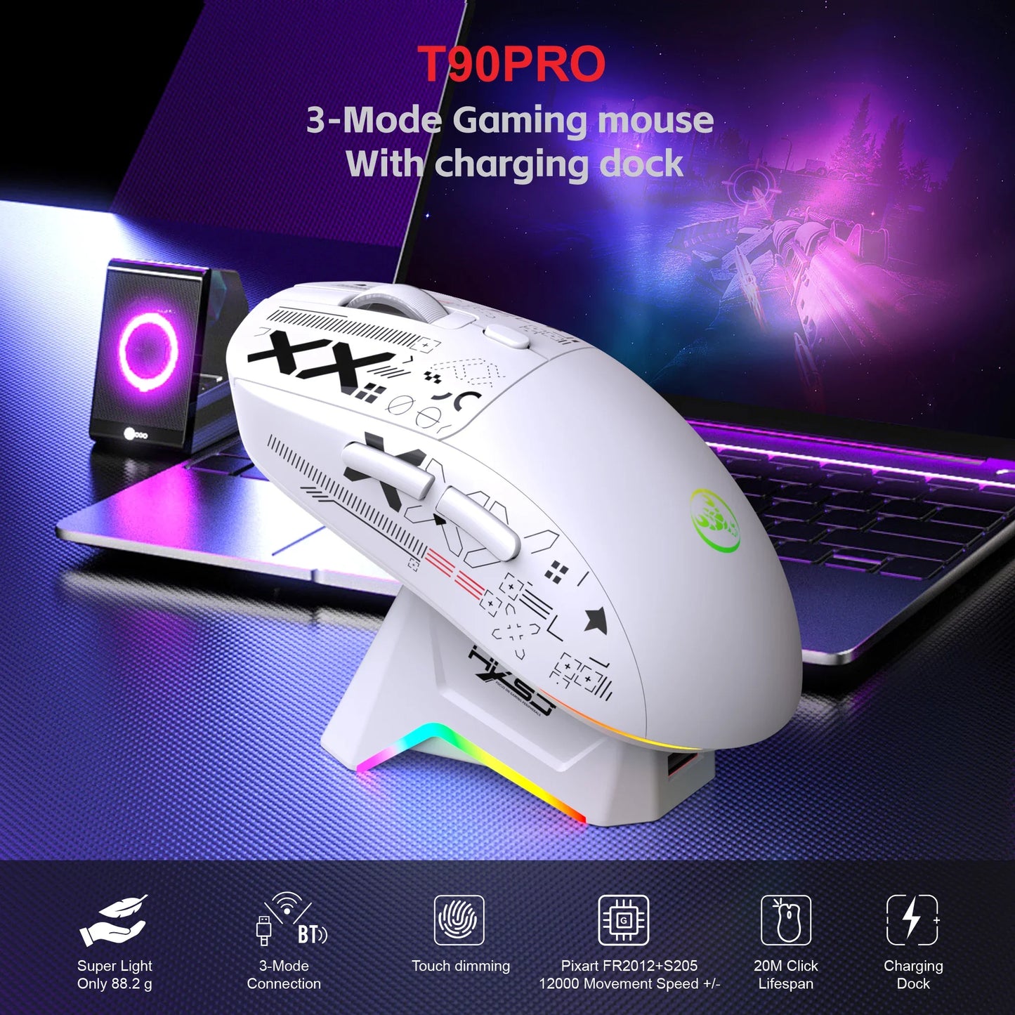 RGB Wireless Gaming Mouse With Charging Dock 3-Mode Connection Silent Buttons Long-Lasting Rechargeable Battery for PC Laptop