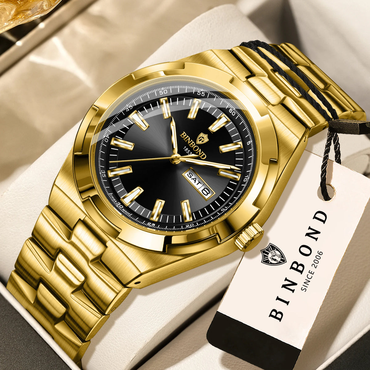 Relojes de cuarzo BINBOND de acero inoxidable para hombre – Reloj de lujo, resistente al agua y luminiscente – Modelo original para hombre