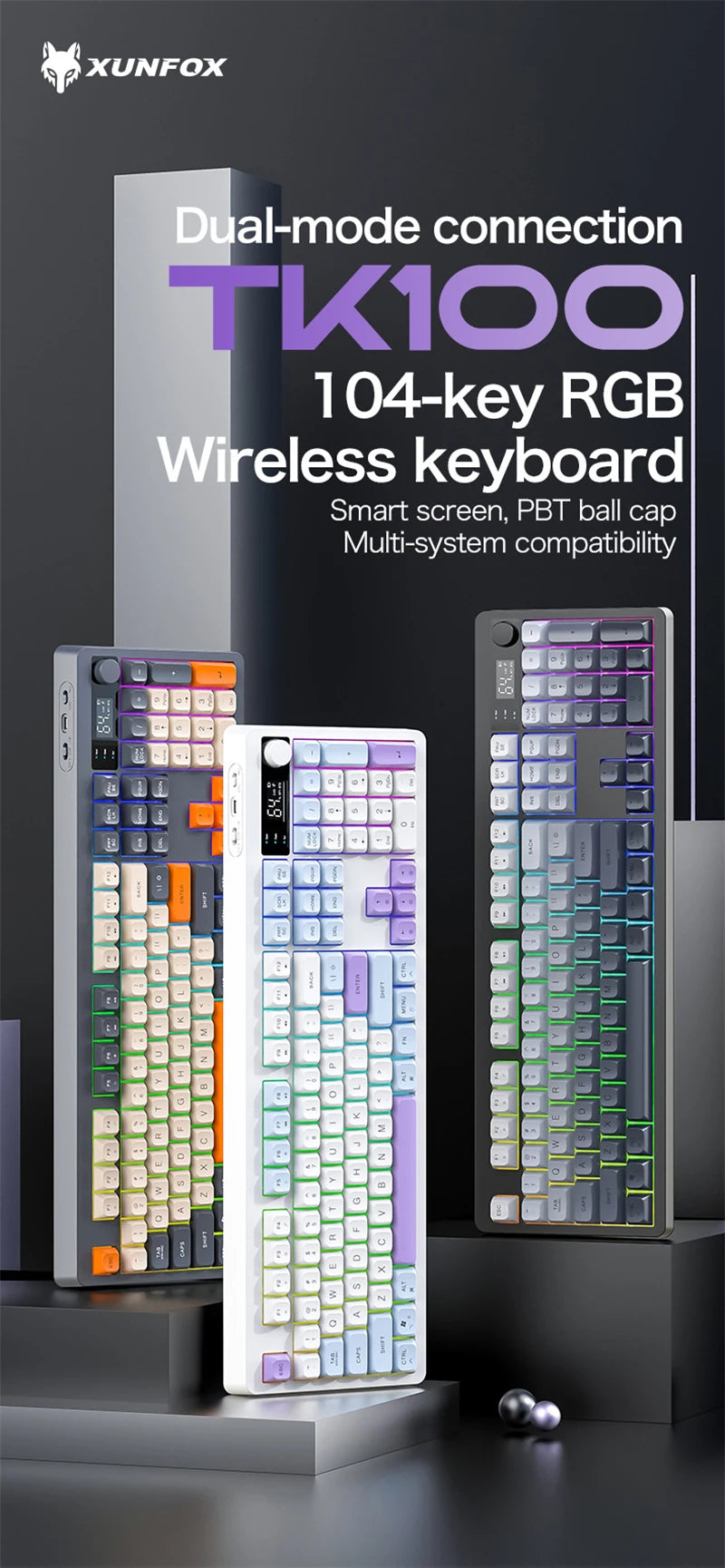Spanish Wireless Keyboard Russian Spanish Arabic Korean 100% Keyboard Layout With Volume Knob TK100 RGB Light Type C Bluetooth