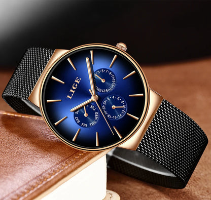 Reloj de mujer LIGE, elegante y a la última: estilo deportivo e informal, correa de malla, mecanismo de cuarzo, indicador de fecha y día, resistente al agua.