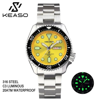 KEASO Top Men's Dive Watch C3 Super Luminous 316L Solid Steel 20Bar Waterproof Sapphire Mirror MIYOTA 2035 Quartz Movement Watch