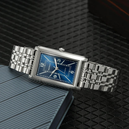 Reloj cuadrado para hombre BERNY – Movimiento de cuarzo, esfera con números romanos, indicación luminiscente, caja de acero inoxidable 316L – Reloj rectangular elegante y desenfadado