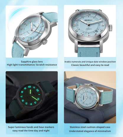 BERNY Mechanical Watch For Women Self-wind Pillow Cushion Sapphire Super Luminous Wristwatch Canvas Calendar Watch For Ladies
