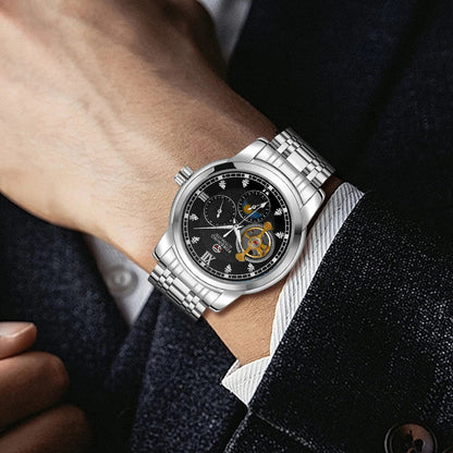 Montre mécanique automatique pour homme Forsining – Style luxe, business et mode, bracelet en métal, tourbillon, aiguilles luminescentes, ornée de diamants artificiels