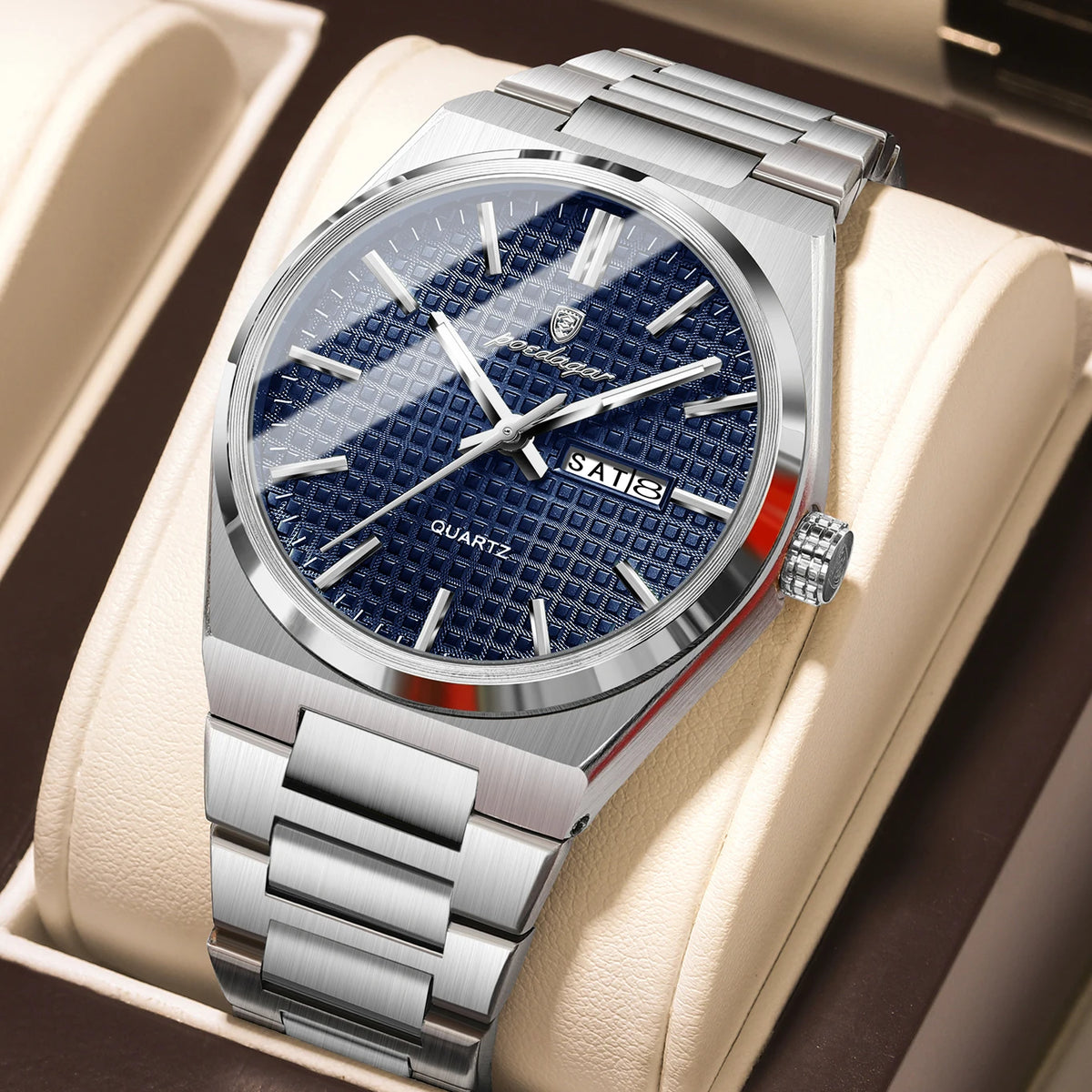 Montre-bracelet de luxe pour homme POEDAGAR, étanche, lumineuse, en acier inoxydable, avec date et jour de la semaine, à quartz, style business.