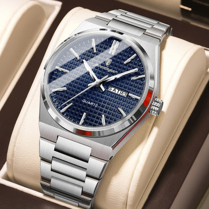 Montre-bracelet de luxe pour homme POEDAGAR, étanche, lumineuse, en acier inoxydable, avec date et jour de la semaine, à quartz, style business.