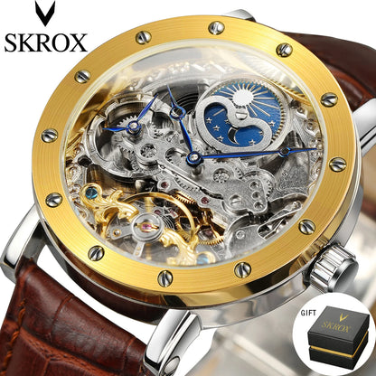 Montre-bracelet mécanique automatique SKROX pour homme, modèle squelette avec fonction GMT, phase de lune et tourbillon – Montre de luxe haut de gamme, élégante et originale.