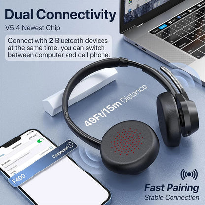 Bluetooth Headset, Wireless Bluetooth V5.4 Headphones with Microphone, Noise Canceling Mic Multipoint Connect Wireless Headset