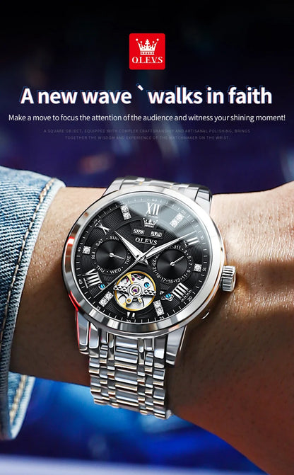 OLEVS Men's Watches Skeketon Flywheel Automatic Mechanical Original Wristwatch for Man Waterproof Luminous Perpetual Calendar