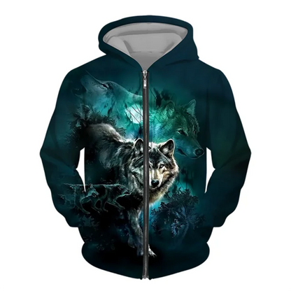 3D Wolf Print Men Zipper Hoodies Fashion Animal Pattern Top Coat Street Punk Style Oversized Sweatshirts Outdoor Leisure Jackets